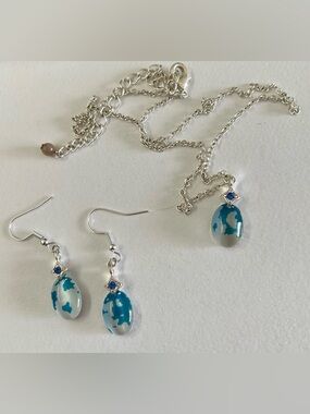 Silver Chain Necklace & Earrings Set with Teal and White Oval Pendants